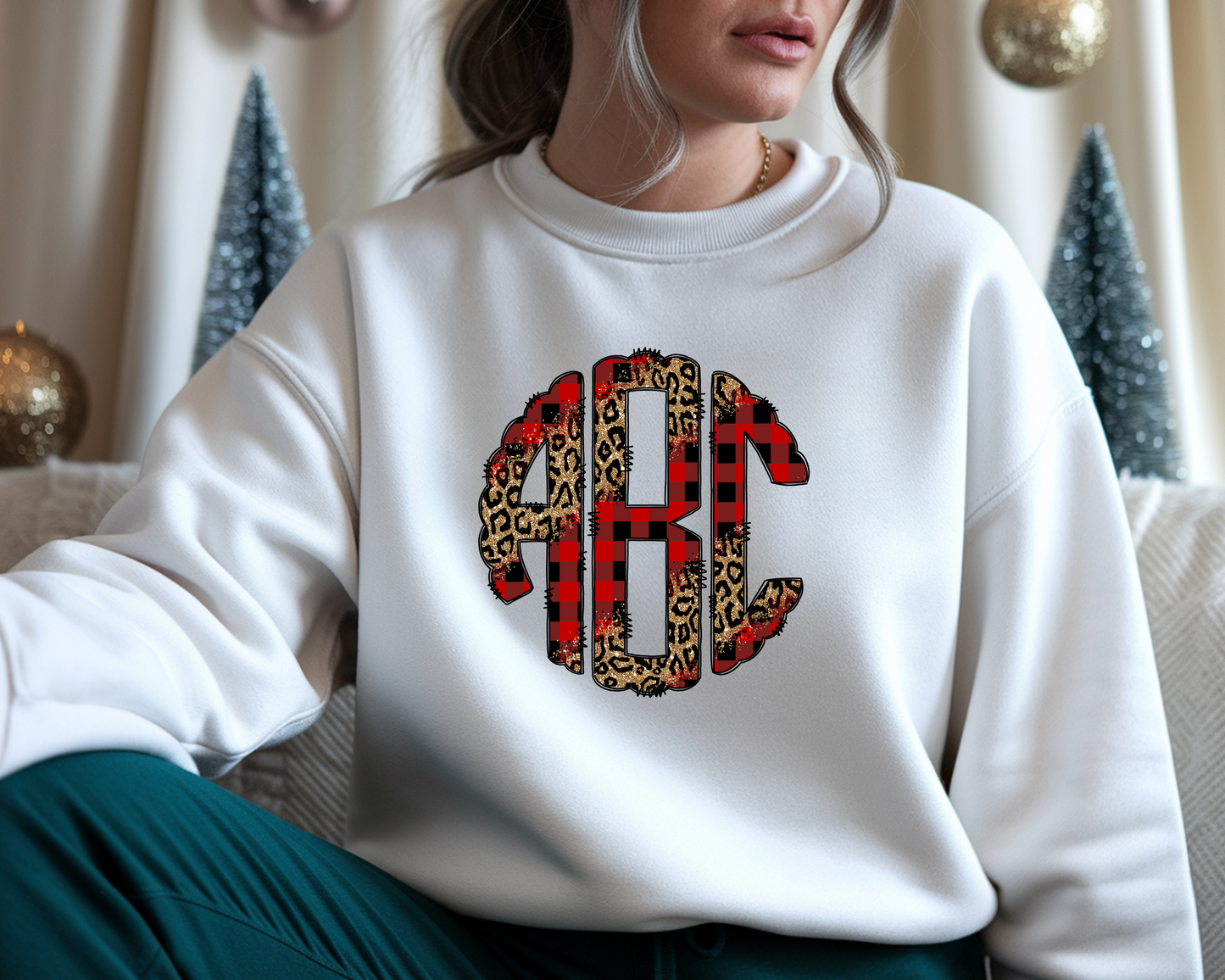 Christmas Red Plaid Leopard Monogram