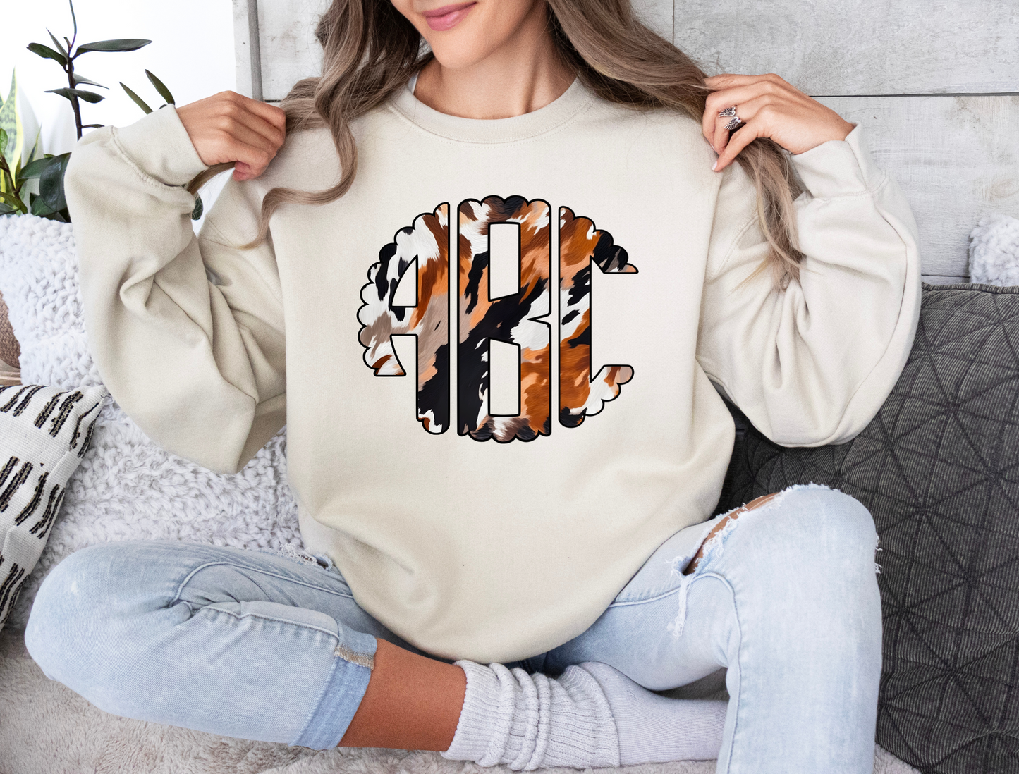 Cowhide Print Circle Handdraw Monogram